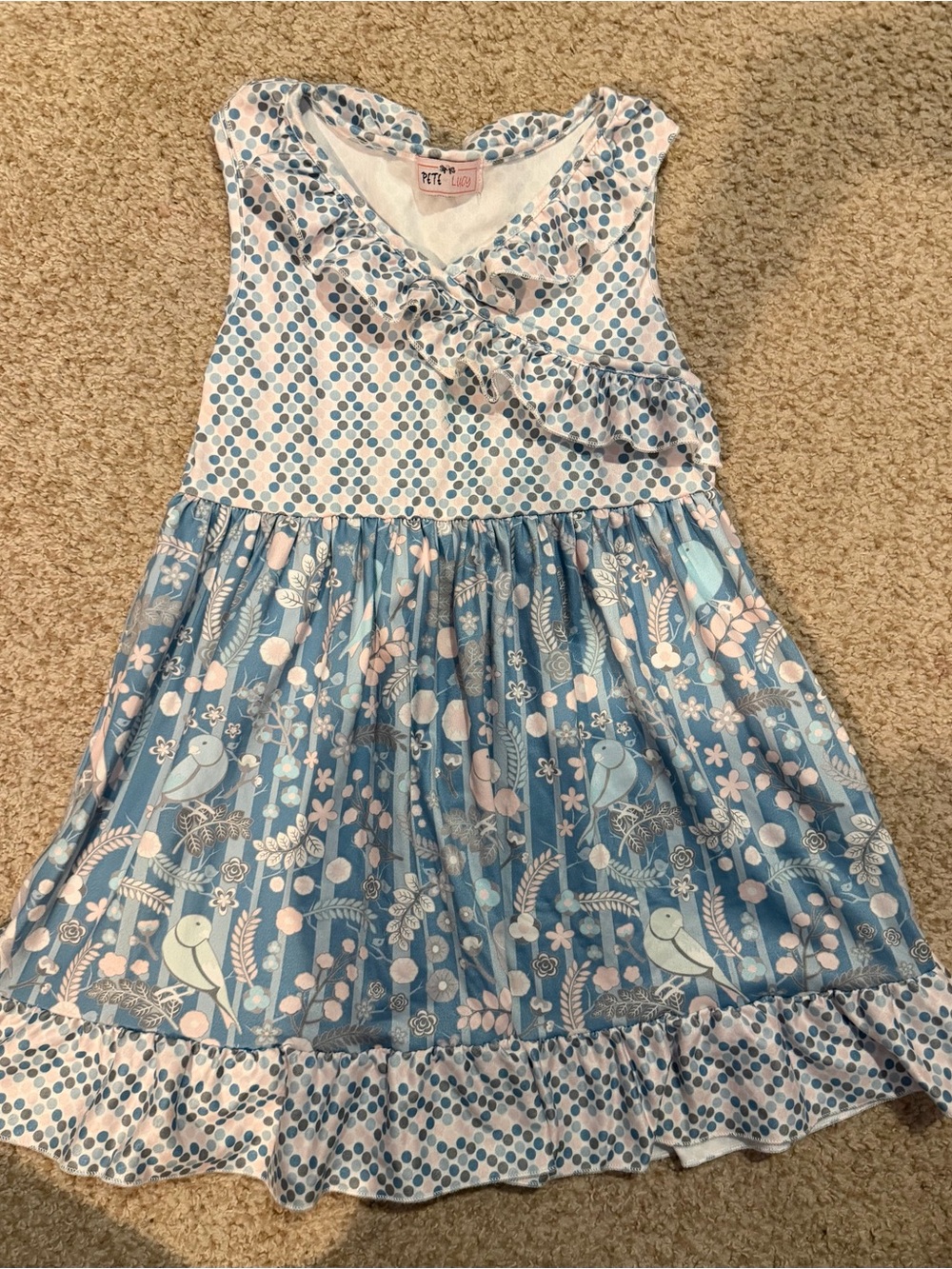 Girls Blue Floral & Dot Ruffle Dress